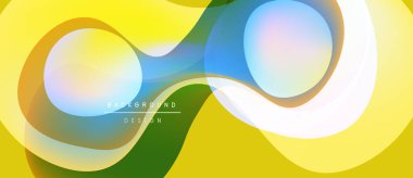 Soyut renkli tasarım. Üst üste binen daireler akışkan şekiller yaratır, parlak sarı arkaplan. Projeler için modern grafik ögesi.