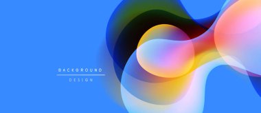 Soyut sıvı şekilleri örtüşür ve canlı renk değişimleri yaratır. Mavi arka plan dinamik tasarım elementlerini geliştirir. Modern, sanatsal kompozisyon.