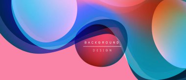 Soyut sıvı şekiller harmanlanarak canlı renk değişimleri yaratır. Pembe, mavi, turuncu renkler tasarımda baskın. Modern, dinamik kompozisyon.