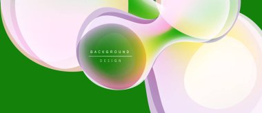 Soyut sıvı şekilleri örtüşür ve canlı renk değişimleri yaratır. Yeşil arka plan pastel renkleri tamamlar. Modern tasarım ögesi.