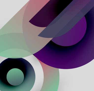 Soyut kompozisyon. Üstüste binen yarı şeffaf daireler, dikdörtgenler dinamik görsel efekt yaratır. Yumuşak renk paleti resme hakim.