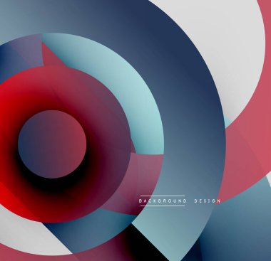 Soyut daireler çakışıyor, dinamik görsel etki yaratıyor. Kırmızı, mavi, beyaz renkler kusursuz bir şekilde harmanlanır. Modern tasarım ögesi.