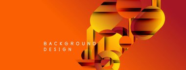 Soyut turuncu arka plan geometrik şekiller içerir. Daireler, altıgenler, dikdörtgenler üst üste binerek dinamik görsel efekt yaratır. Metin arkaplan tasarımı okur.