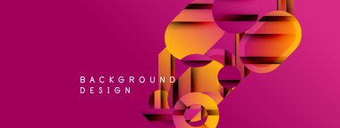 Soyut geometrik şekiller örtüşür, dinamik görsel efekt yaratır. Ilık renkler, parlak pembe arka planla tezat oluşturuyor. Modern tasarım ögesi.