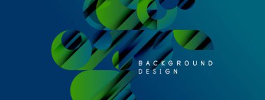 Soyut geometrik tasarım canlı yeşil, mavi katmanlar içerir. Dinamik bileşim modern arkaplan dokusu yaratır. Minimalist stil.