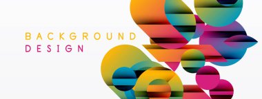 Soyut renkli daireler beyaz uzayla örtüşüyor. Modern tasarım elementleri dinamik görsel kompozisyon oluşturur. Parlak renkler dikkat çeker.