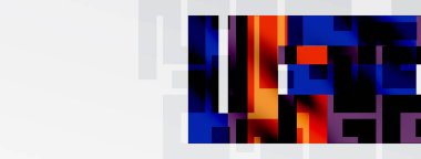 Soyut dijital sanat. Koyu arkaplan, canlı kareyle mavi, turuncu, kırmızı renkler arasında tezat oluşturuyor. Minimalist tasarım, modern estetik.