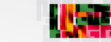 Soyut geometrik şekiller, canlı renkler, dikdörtgen bloklar. Kompozisyonda kırmızı, yeşil, turuncu renkler beyaz arka plana karşıdır. Modern tasarım.