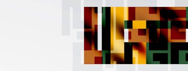 Soyut geometrik şekiller görüntüye hükmediyor. Sıcak renkler daha serin tonlarla harmanlanarak görsel doku oluşturur. Minimalist kompozisyon, basit tasarım.