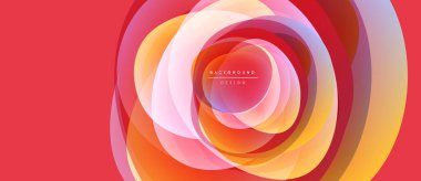 Soyut dairesel tasarım. Katmanlar örtüşüyor, parlak turuncu, pembe ve sarı renkler oluşturuyor. Kırmızı arkaplan karşıtlık ve modern estetik sağlar.