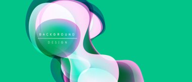 Soyut şekiller örtüşüyor, canlı renk değişimleri yaratıyor. Turkuaz arka plan yumuşak pembeler, maviler ve morları tamamlar. Modern tasarım ögesi.