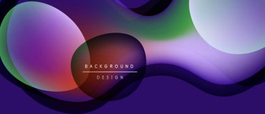 Soyut sıvı şekilleri örtüşür, canlı gradyanlar yaratır. Mor arka planda baskın, yeşil, pembe röfleli. Modern tasarım ögesi.