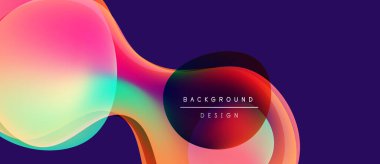 Soyut sıvı şekilleri örtüşür ve canlı renk değişimleri yaratır. Mor arka plan, pembeleri, mavileri, sarıları tamamlar. Modern tasarım ögesi.