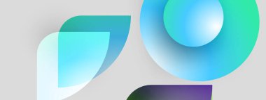 Soyut şekiller örtüşüyor, canlı gradyanlar yaratıyor. Turkuaz, mavi, mor renkler baskın kompozisyon. Modern tasarım teknoloji veya yenilik öneriyor.