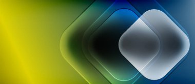 Katmanlı kareler ve gradyanlardan oluşan soyut bileşim. Sarı maviye geçişler, modern görsel efektler yaratıyor. Düz şekiller egemen olur..