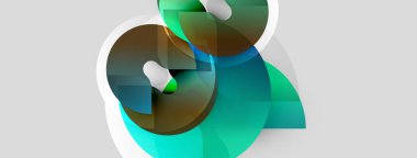 Soyut şekiller örtüşür, dinamik bileşim yaratır. Teal, kahverengi, beyaz renkler pürüzsüz karışıyor. Modern tasarım akıcılığı ve enerjiyi çağrıştırıyor.