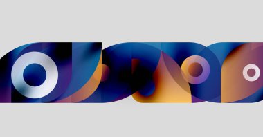 Üst üste binen renkli şekiller, daireler, kıvrımlar içeren soyut bir kompozisyon. Canlı renklere, gradyanlara, dinamik akışa sahip modern tasarım.