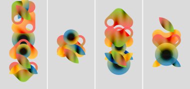 Soyut renkli şekiller örtüşür, canlı kompozisyonlar yaratır. Düzenlemede biraz farklılıklar gösteren dört panelde benzer tasarımlar var.