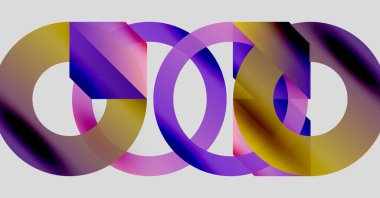 Soyut tasarım özellikleri üst üste binen renkli daireler. Gradyan renkler, sarı, mor, pembe karışımı dinamik görsel efekt yaratır. Modern, sanatsal kompozisyon.