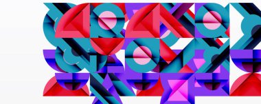 Soyut geometrik şekiller örtüşür ve canlı bir bileşim yaratır. Pembe, mor, deniz mavisi egemen tasarım. Modern, dinamik görsel deneyim.