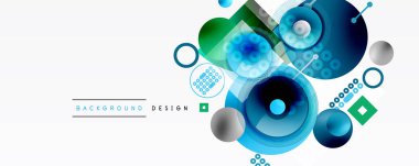 Soyut geometrik şekiller, daireler, kareler, gradyanlar modern arkaplan tasarımı yaratır. Mavi, yeşil renkler kompozisyona hakim..