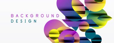 Soyut renkli şekiller beyaz uzayla örtüşüyor. Gradyan daireler, dikdörtgenler dinamik görsel efektler yaratır. Modern tasarım ögesi.