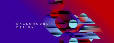 Soyut geometrik şekiller örtüşüyor, canlı renk eğimleri yaratıyor. Mor, kırmızı, mavi renkler tasarımda baskın. Modern estetik.