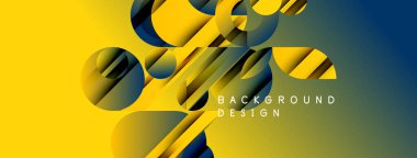 Soyut geometrik şekiller, sarıdan maviye doğru. Modern tasarım elementleri dinamik görsel doku oluşturur. Arkaplanda metin arkaplan tasarımı var.