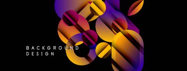 Soyut geometrik şekiller örtüşüyor, canlı gradyanlar mevcut. Koyu arkaplan renkli tasarım unsurlarını vurgular. Modern estetik.