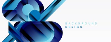 Soyut mavi şekiller üst üste binerek dinamik bileşim oluşturuyor. Beyaz alan kontrastı, modern hissi sağlar. Minimalist tasarım unsurları.