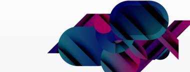 Soyut şekiller örtüşüyor, canlı gradyanlar yaratıyor. Pembe, mor, deniz mavisi renkleri beyaz arkaplanı domine eder. Modern tasarım elemanları.