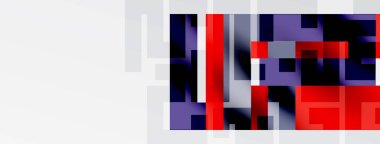 Soyut geometrik şekiller görüntüye hükmediyor. Kırmızı, mor, gri renkler harmanlanarak modern görsel doku oluşturur. Minimalist tasarım dijital sanatı çağrıştırıyor.