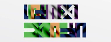 Soyut renkli bloklar metin oluşturur. Geometrik şekiller çakışıyor, görsel ilgi yaratıyor. Minimalist tasarım ve parlak renkler.