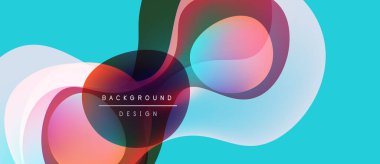 Soyut akışkan şekiller, canlı renkler, modern tasarım. Turkuaz arkaplan tamamlayıcıları katmanlanmış yarı şeffaf formlar. Minimalist estetik.