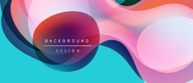 Soyut sıvı şekiller, canlı renklerin karışımı. Modern tasarım üst üste binen daireler, turkuaz bazlı. Metin arkaplan tasarımı okur.