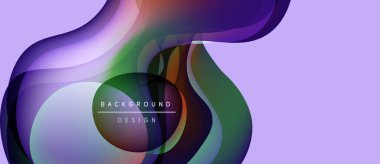 Soyut akışkan şekiller, canlı renkler, mor fon. Modern tasarım ögesi, dinamik bileşim, düzgün gradyanlar mevcut.