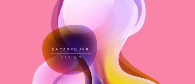Soyut sıvı şekilleri örtüşür ve canlı renk değişimleri yaratır. Pembe arka plan mor, turuncu renkleri tamamlar. Metin arkaplan tasarımı okur.