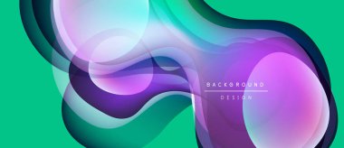 Soyut sıvı şekilleri örtüşür, canlı gradyanlar yaratır. Turkuaz arka plan mor, pembe renkleri tamamlar. Modern tasarım ögesi.