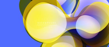 Soyut kompozisyon. Üstüste binen yarı saydam şekiller canlı görsel efektler yaratır. Sarı, mavi arkaplana hükmediyor. Modern tasarım ögesi.