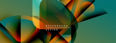 Soyut geometrik şekiller örtüşüyor, canlı renk eğimleri yaratıyor. Tasarımda deniz mavisi, turuncu, kırmızı renkler var. Modern estetik.