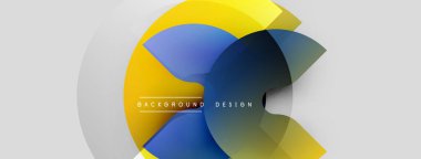 Soyut geometrik tasarım. Üst üste binen daireler dinamik görsel efekt yaratır. Sarı, mavi, yeşil renkler kompozisyona hakim. Modern biçim.