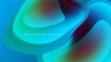 Soyut sıvı şekilleri örtüşür ve canlı renk değişimleri yaratır. Koyu arkaplan parlak mavileri, yeşilleri, kırmızıları vurgular. Modern tasarım ögesi.