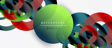 Soyut renkli daireler beyaz uzayla örtüşüyor. Modern tasarım elementleri dinamik görsel efekt yaratır. Parlak renkler kompozisyona hakim.