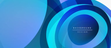 Soyut mavi katmanlar dinamik arkaplan oluşturur. Dairesel şekiller üst üste binerek modern tasarım elementini oluşturur. Yumuşak eğimler görsel derinlik sunar.