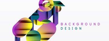 Soyut geometrik şekiller, canlı renkler, modern tasarım. Arkaplanda gradyanlar, kıvrımlar, üst üste binen formlar var. Minimalist estetik.