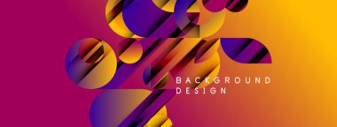 Soyut geometrik şekiller canlı mor, turuncu renkleri harmanlarlar. Dinamik kompozisyon modern arkaplan tasarımı yaratır. Yumuşak eğimler derinlik ekler.