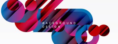 Soyut tasarım özellikleri üst üste binen daireler, dikdörtgenler. Canlı mavi, kırmızı, mor renkler dinamik kompozisyon oluşturur. Modern, şık arkaplan.