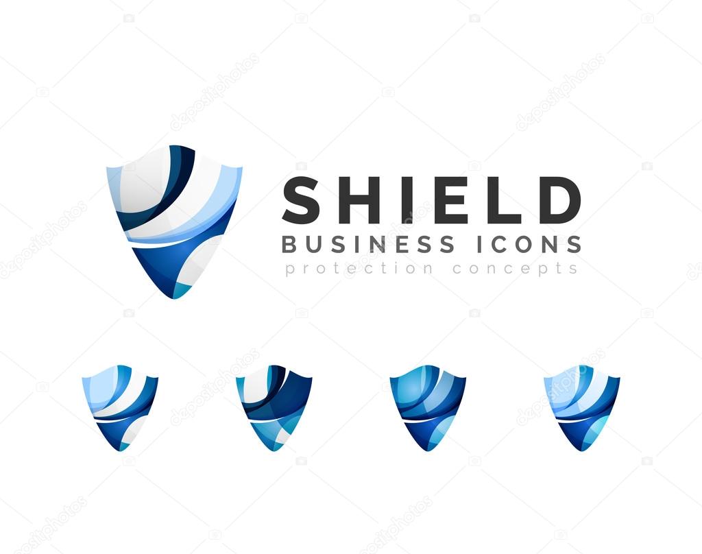 Set of protection shield logo concepts. Color flowing wave design icons on white