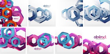 Geometrik şekiller, canlı renkler, katmanlı tasarımlar modern soyut arkaplanlar yaratır. Altıgenler, daireler kompozisyonlara hakim..