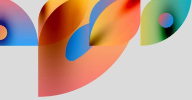 Soyut renkli şekiller çakışıyor ve sıvı formlar yaratıyor. Renkler karışıyor, dinamik görsel deneyimi çağrıştırıyor. Yumuşak kenarlar hareketi işaret ediyor.